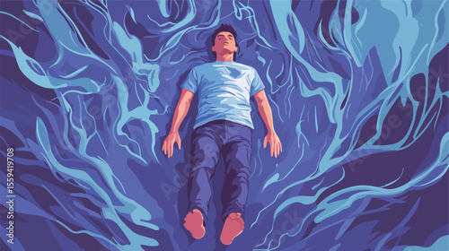 Man experiencing epilepsy seizures on the floor in flat vector illustration