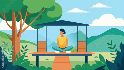 The remote worker can practice yoga or meditation on the spacious wraparound deck of the treehouse with nothing but the sounds of nature to distract them.. Vector illustration