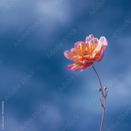 Radiant cosmos flower blooming against a soft cloudy blue sky enchanting floral portrait soft light airy petals