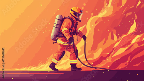 Professional Firefighter Extinguishing Fire Flat Vector Illustration