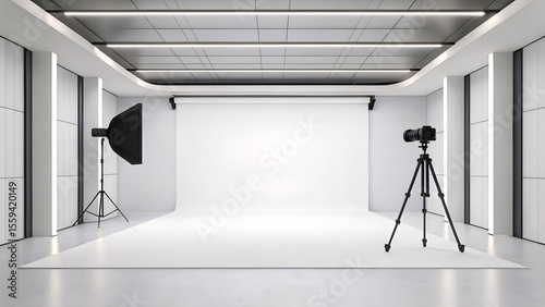 Modern photography studio interior with professional lighting equipment camera on tripod and seamless white background ready for photoshoots