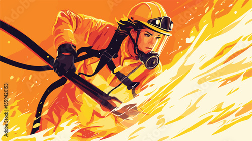 Female Firefighter Extinguishing Fire Vector Illustration