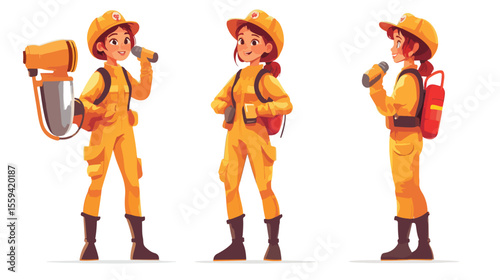 Female Firefighter with Megaphone in Flat Vector Illustration