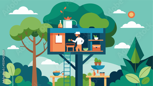 The treehouse is equipped with a small kitchen allowing the remote worker to cook meals using fresh ingredients from their garden and reduce their carbon footprint.. Vector illustration