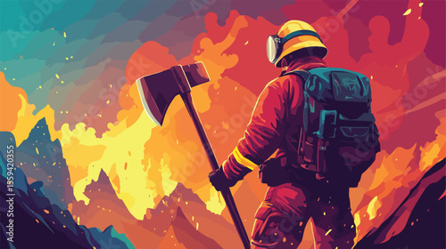 Professional Firefighter Working with Axe - Flat Vector Illustration