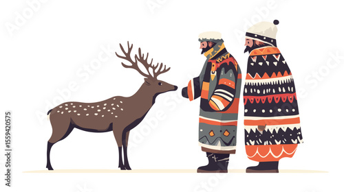 Ethnic Eskimo with Deer Flat Vector Illustration