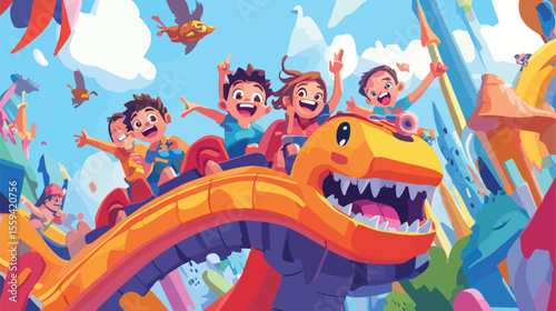Excited Children Riding Roller Coaster Having Fun