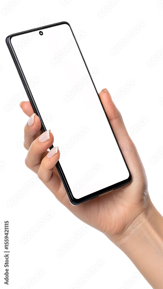 Elegant hand holding a modern smartphone device with a blank screen ready for mockup presentations or digital advertisements Elegant hand holding a modern smartphone device with a blank screen ready for mockup presentations or digital advertisements