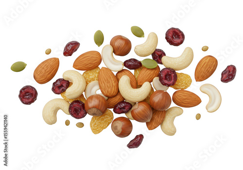 A mix of almonds cashews hazelnuts cranberries pumpkin seeds and raisins isolated on transparent background