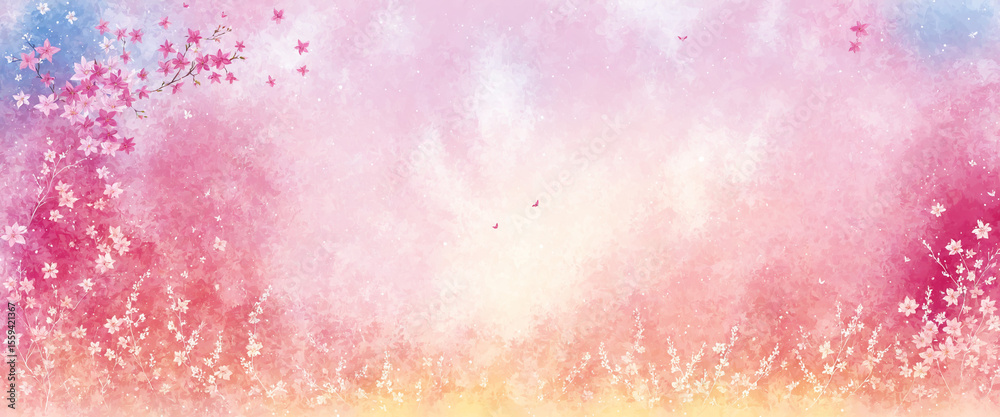 Obraz premium pink watercolor landscape with cherry blossoms and flowering plants background