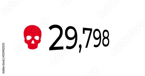 Video of number counting up to 1 million with a red skull icon increasing on a white background with slight movement