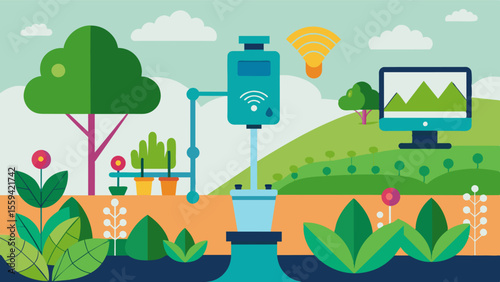 A smart irrigation system that tracks water usage and soil moisture levels optimizing crop growth while also minimizing waste.. Vector illustration