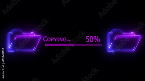File transfer from computer folder to folder neon line animation Isolated on black background.