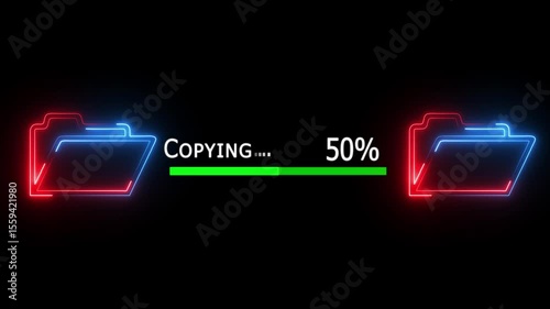 File transfer from computer folder to folder neon line animation Isolated on black background. copying file transfer with loading animation.
