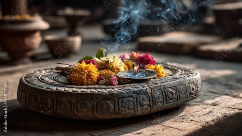 Traditional Indian Offering with Flowers and Incense on Stone Plate