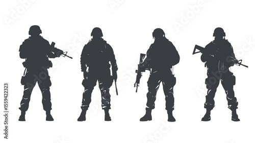 Military Silhouettes in Camp Flat Vector Illustration