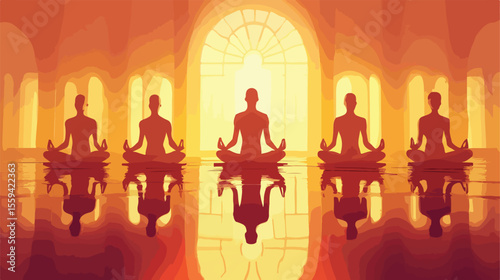 Group of five individuals practicing yoga in a flat vector illustration