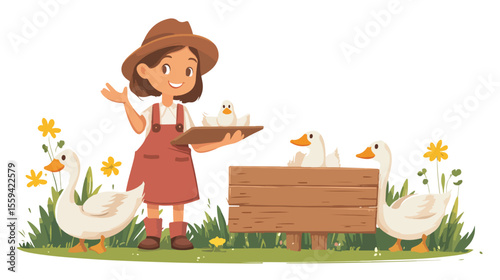 Charming Farmer Girl with Ducks Standing by Rustic Wooden Sign Flat Vector Illustration