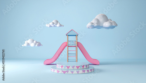 Empty space concept for exhibition with slide decoration on soft pastel color background.