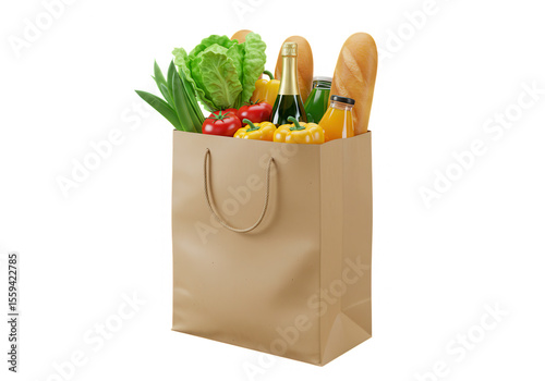 A brown paper grocery bag full of fresh vegetables, bread, and a bottle of champagne, isolated on transparent background