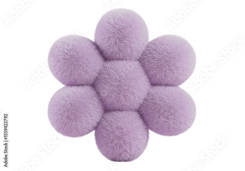 A cute purple fluffy flower made of soft spheres is isolated on transparent background