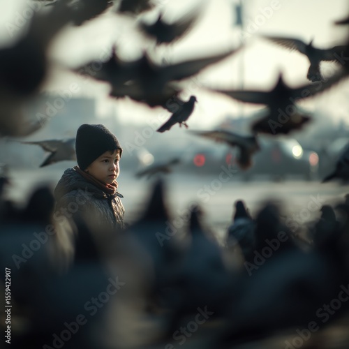 Serene boy in a winter coat observing a flock of pigeons flying and walking in an urban park landscape