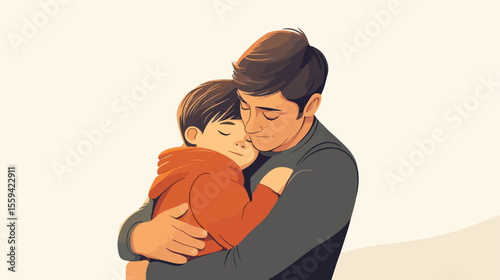 Heartwarming Father Hugging Son Flat Vector Illustration