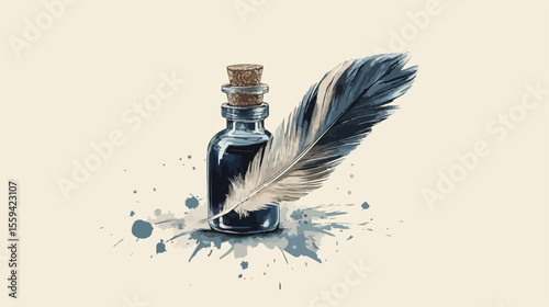 Feather Pen and Ink Bottle Flat Vector Illustration