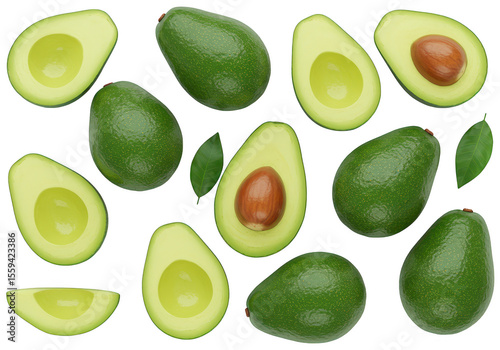 Many ripe green avocados and leaves arranged on a white background isolated on transparent background