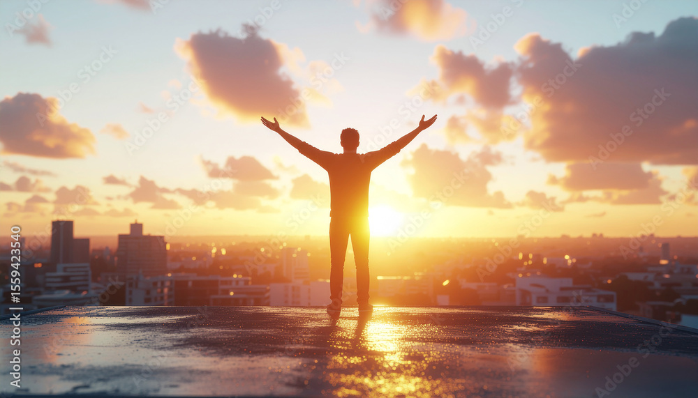 Fototapeta premium A serene scene of a man standing atop a quiet rooftop at sunrise. Arms slightly lifted,
