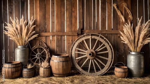 Western Barn Backdrop with Straw, Wooden Wheels, Pampas Grass, and Vintage Lanterns – Rustic Country Decor for Photoshoots, Events, Farmhouse Themes, and Displays

