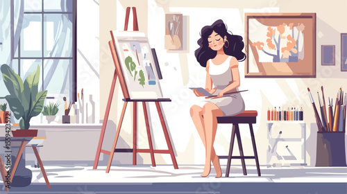 Female Artist Seated Painting Flat Vector Illustration