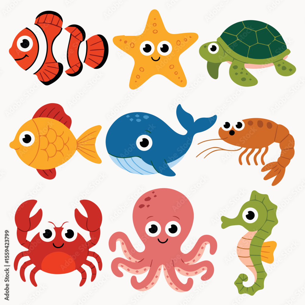 Naklejka premium Cartoon sea animals vector illustration set for kids with whale octopus crab fish