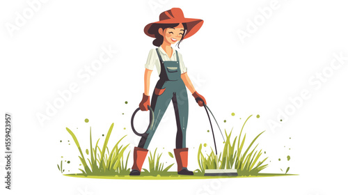 Female Farmer with Sprinkler Flat Vector Illustration