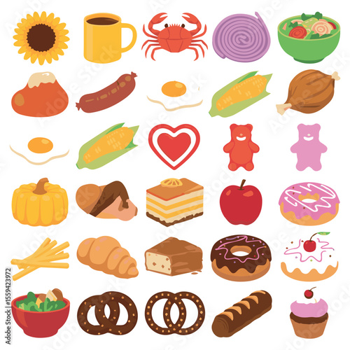 Assorted food vector icons including fruits vegetables sweets and savory dishes