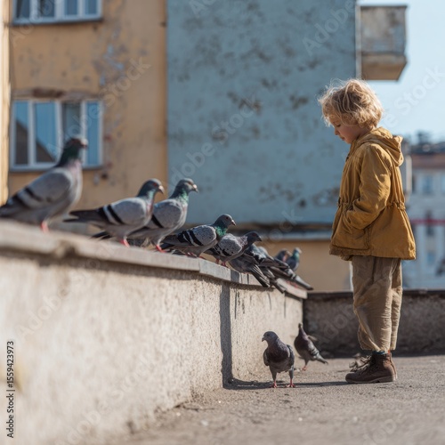 Thoughtful blond kid in yellow jacket observes gathering pigeons on stone wall in urban setting during daytime