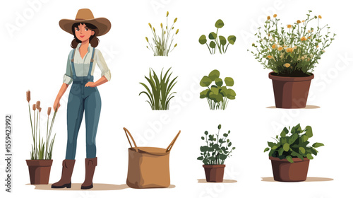 Female Farmer with Houseplant Flat Vector Illustration