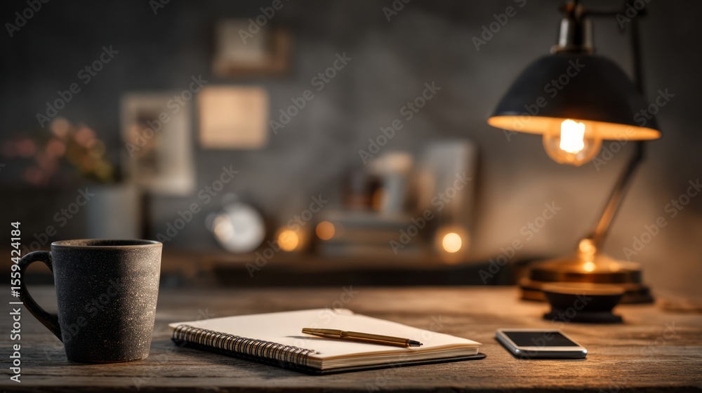 Obraz premium Cozy Workspace with Mug, Notebook, Pen, Lamp, and Smartphone on Table