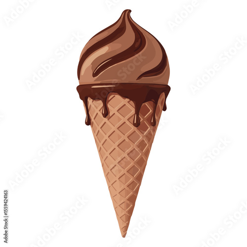 Delicious chocolate ice cream cone with dripping fudge topping illustration art