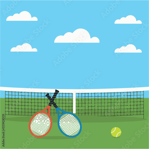 Tennis game illustration with rackets, ball, net and sky for sports enthusiasts