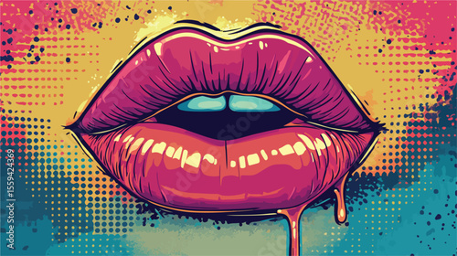 Vibrant Female Lips Dripping Pop Art Style Vector Illustration