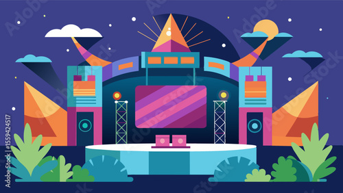 The festival grounds were a blend of physical stages and screens reflecting the integration of both inperson and virtual elements.. Vector illustration