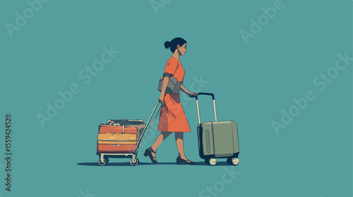 Female Passenger Wheeling Luggage Cart with Suitcases