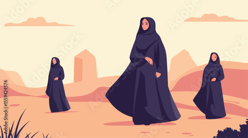 Female Pilgrim Arabic Tradition Flat Vector Illustration