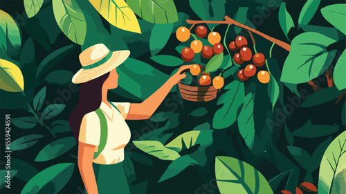 Female Coffee Fruit Harvester Vector Illustration