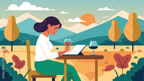 In the midst of a busy harvest season a freelance writer finds a peaceful corner at the vineyard café to meet a looming deadline while sipping on a glass of crisp sauvignon blanc.. Vector illustration