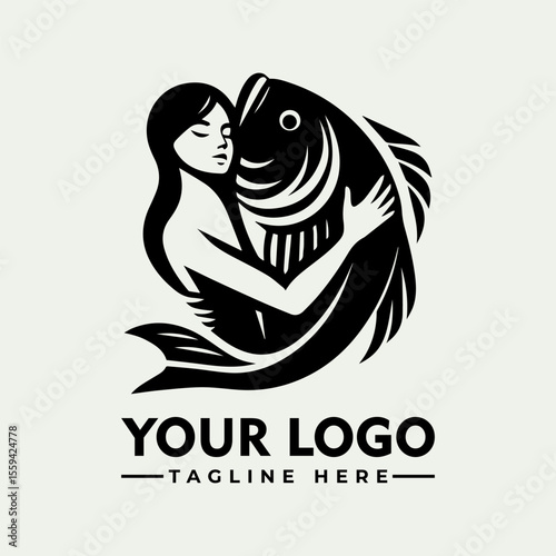 Stylized logo of a woman with a fish tail embracing a large fish, rendered in black and white.