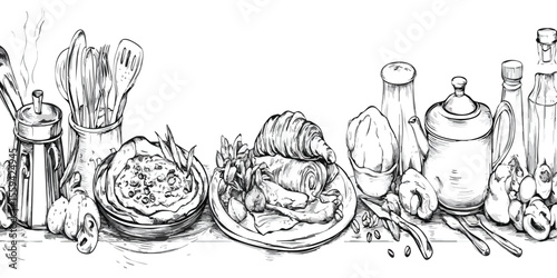 A black and white illustration of various food and kitchen items on a table