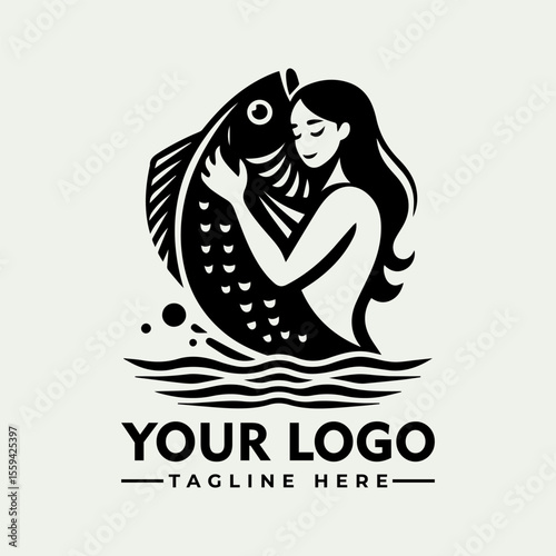 Elegant mermaid embracing a large fish, ocean waves below, monochrome logo design.
