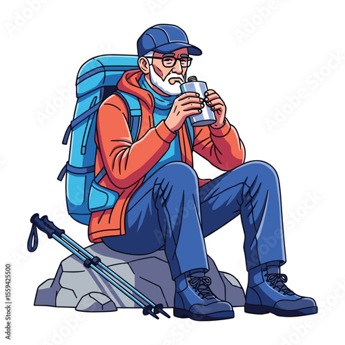 Senior Hiker Resting: Illustration of Active Elderly Man Taking a Drink Outdoors